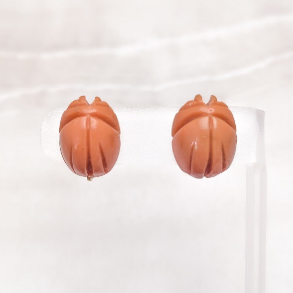 Vintage Clip On Earrings Scarab? Design Muted Burnt Orange 7/8" Retro Statement